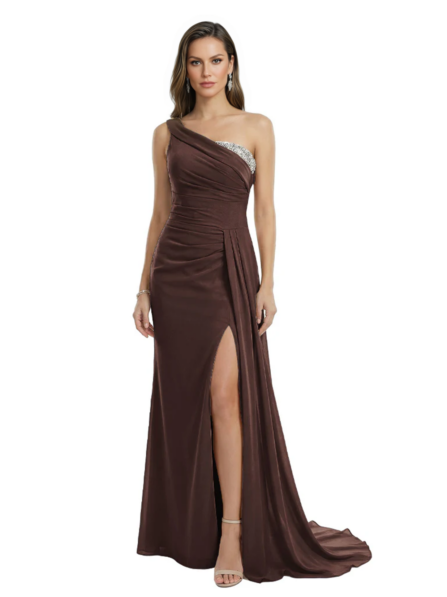 One Shoulder Mother of Bride Dress Ruffle Formal Gowns Mermaid Floor Length Train Slit