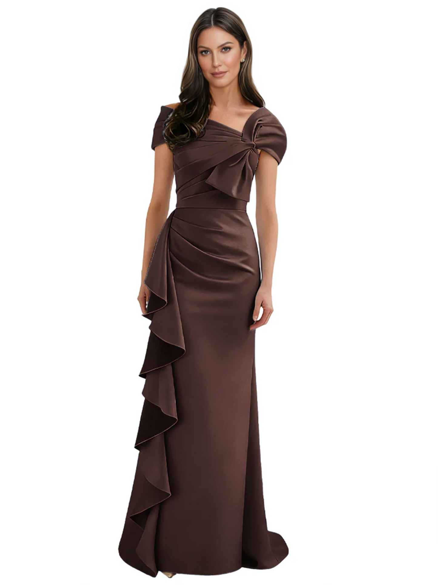 Elegant Mother of Bride Dress Formal Gowns Mermaid Ruffle Floor Length Asymmetric Neckline