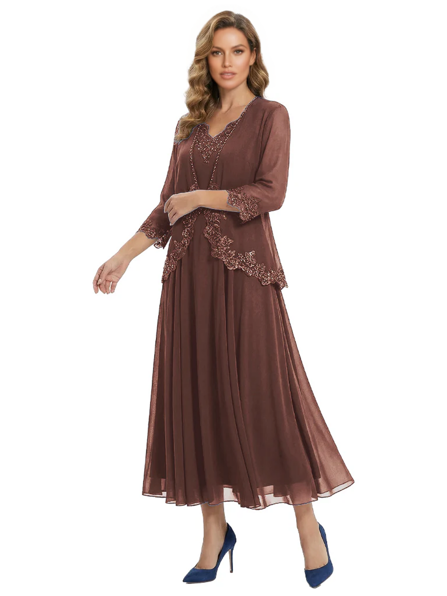 3/4 Sleeve Chiffon Mother of the Brides Dresses V-Neck Wedding Party Gowns