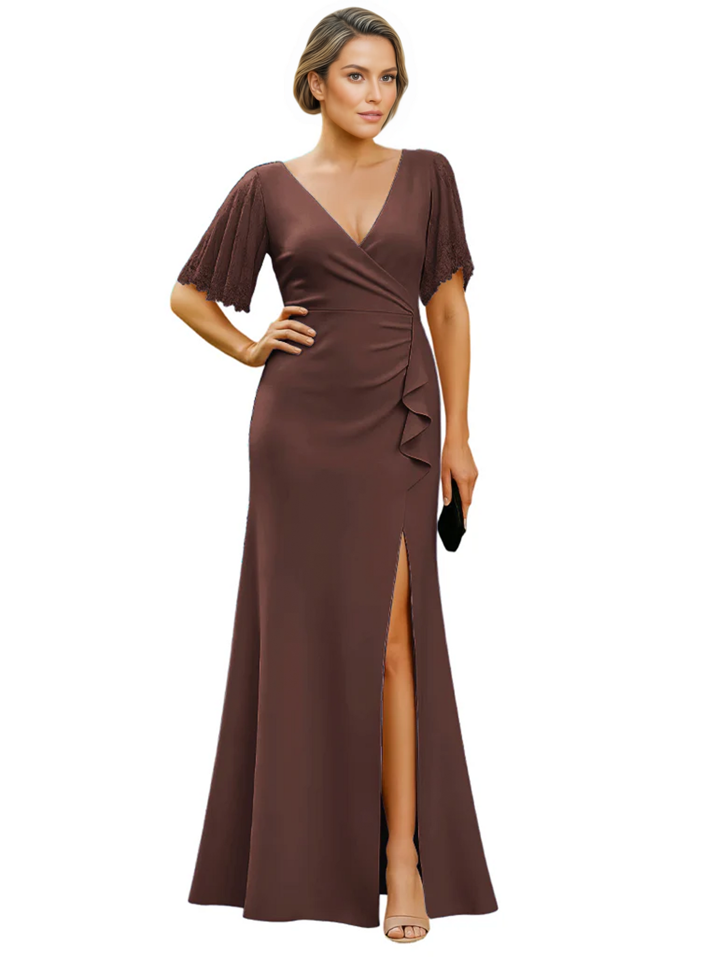 Elegant Evening Gown Trending V-Neck & Ruffle Detail Mother of Bride Outfits Slit