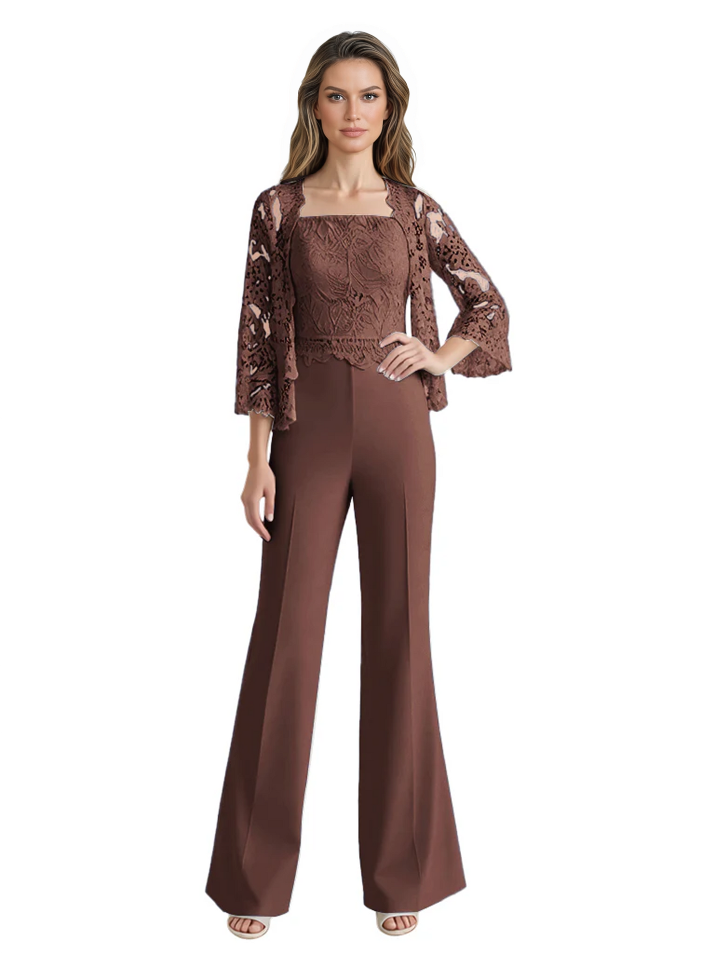Mother of the Bride Jumpsuit with Lace Jacket 3/4 Sleeve Formal Pant Suit