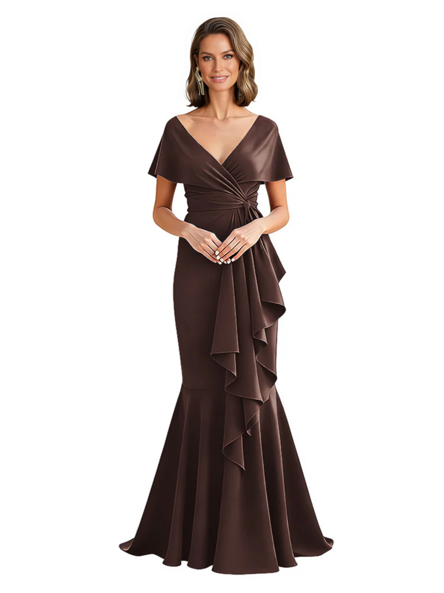 Satin Mother of the Bride Dress with Cascading Ruffles and Mermaid Tail V-Neck