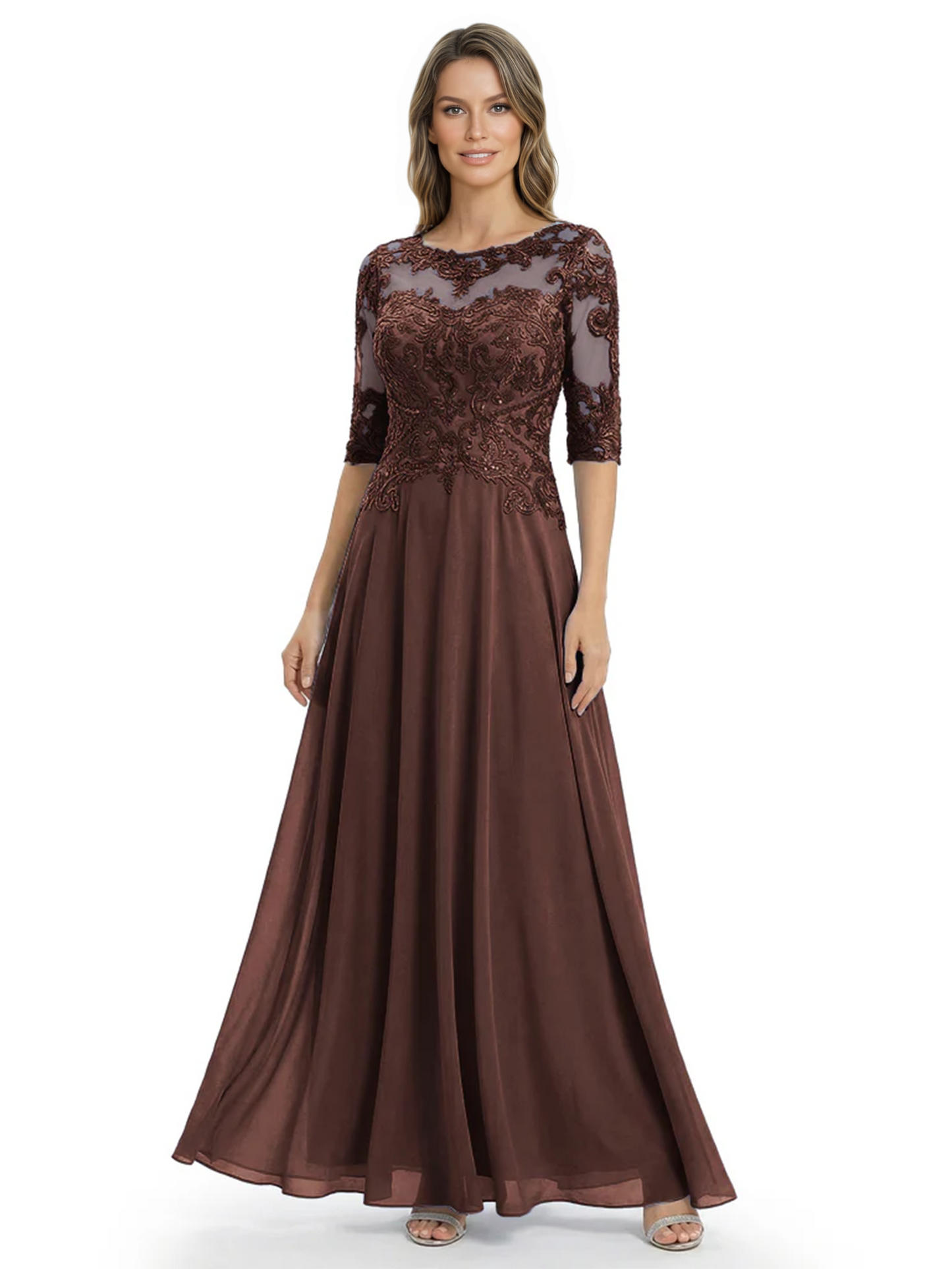 Illusion Neck Mother of the Bride Dress Half Sleeve Lace Applique Gowns Chiffon