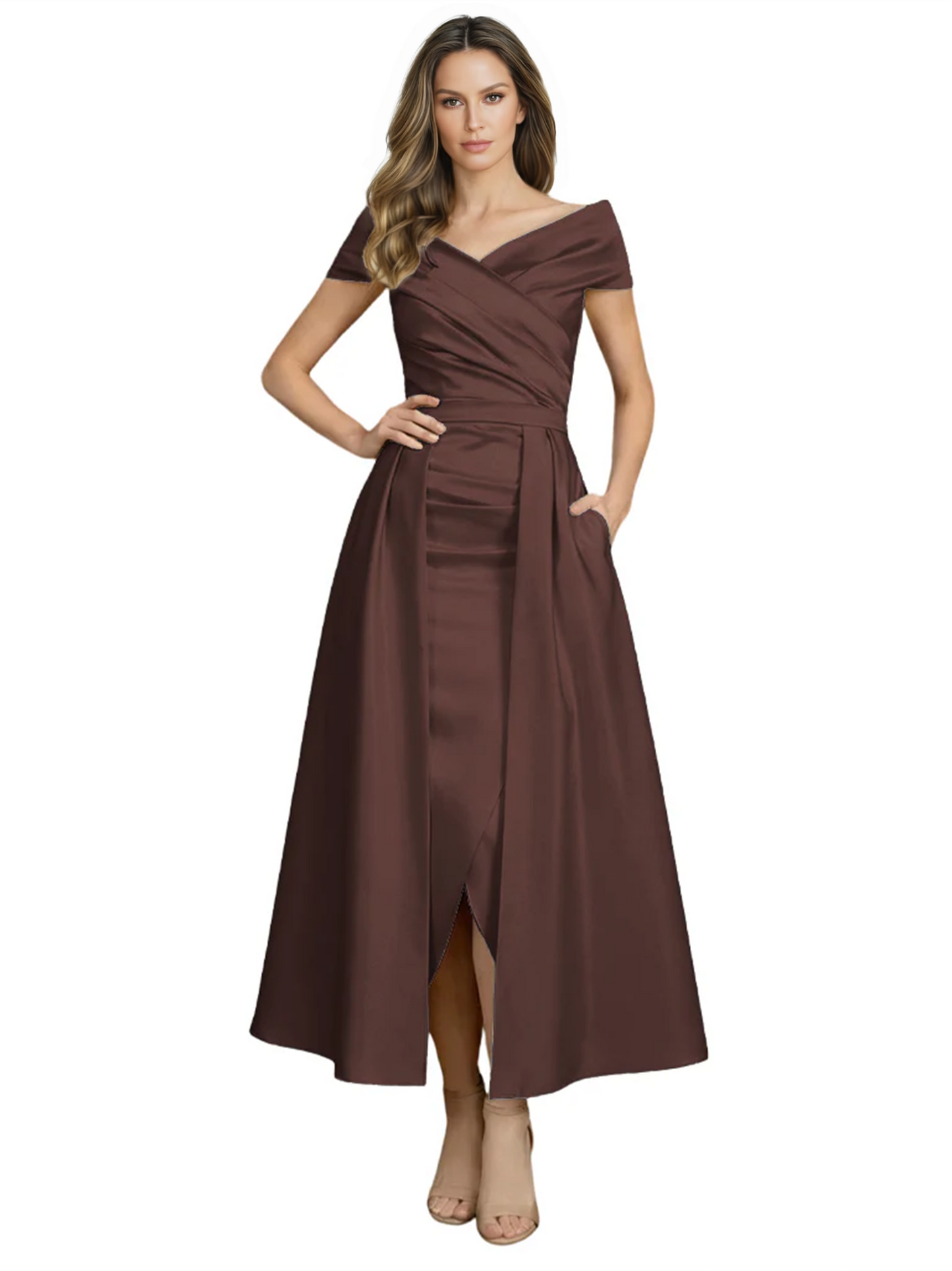 Formal Floor-Length Mother of the Bride Gown Satin Maxi Dress with Slit Off Shoulder