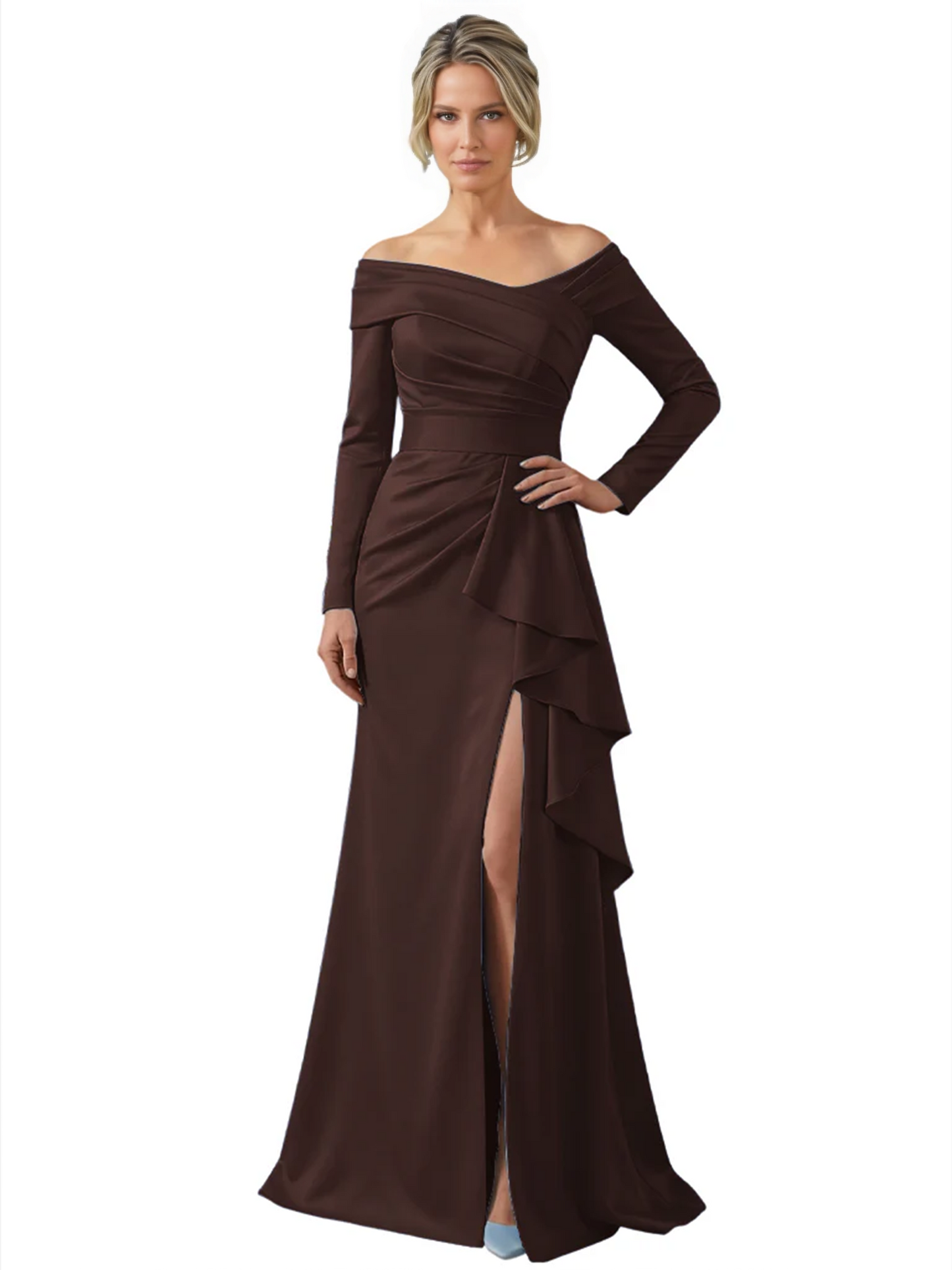 Elegant Mother of the Groom Dress Cascading Ruffle Satin Gown with High Slit Long Sleeves