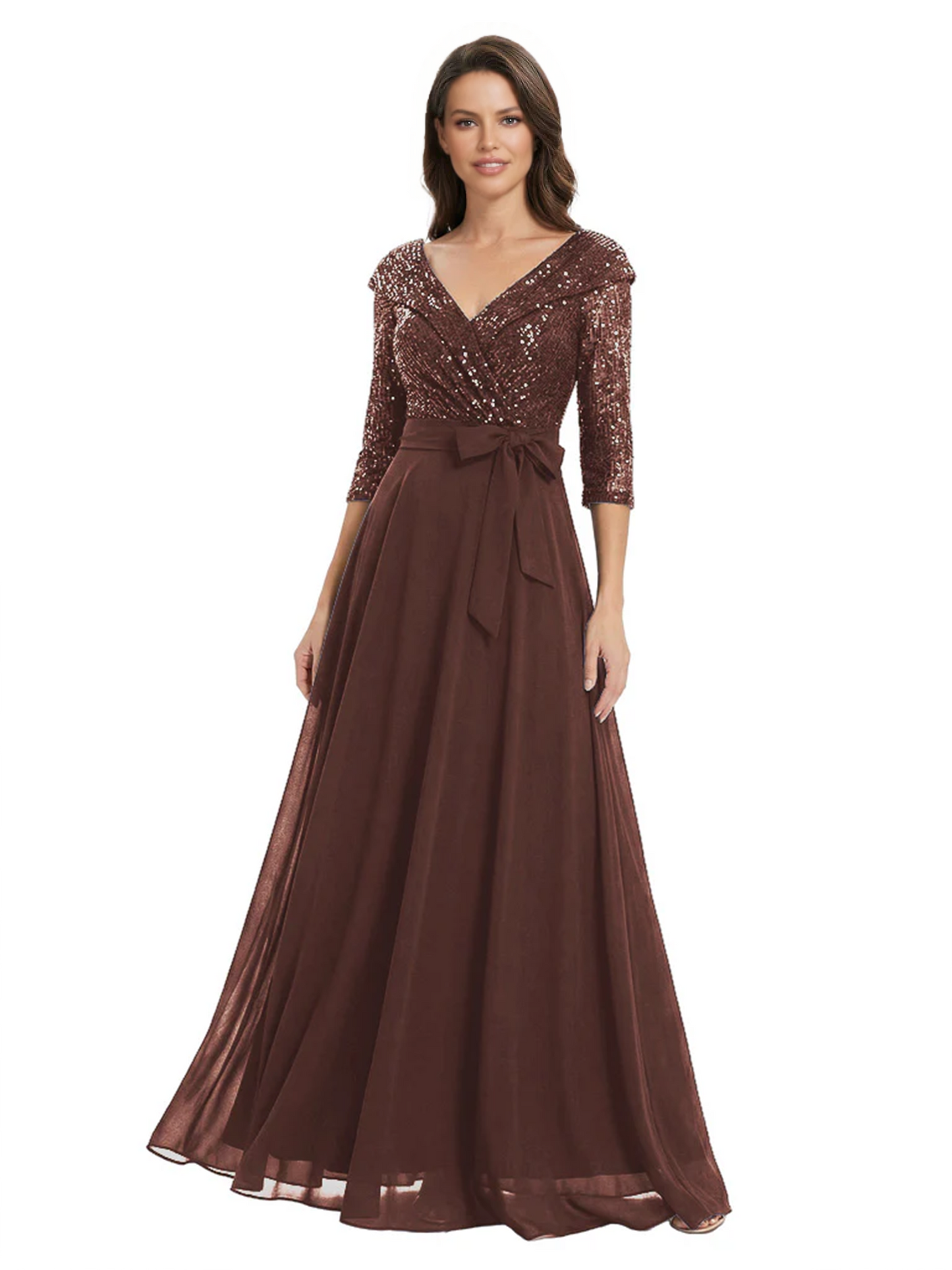 Chiffon Mother of the Bride Dress with Sequin V-Neck and Elegant Bow Sash