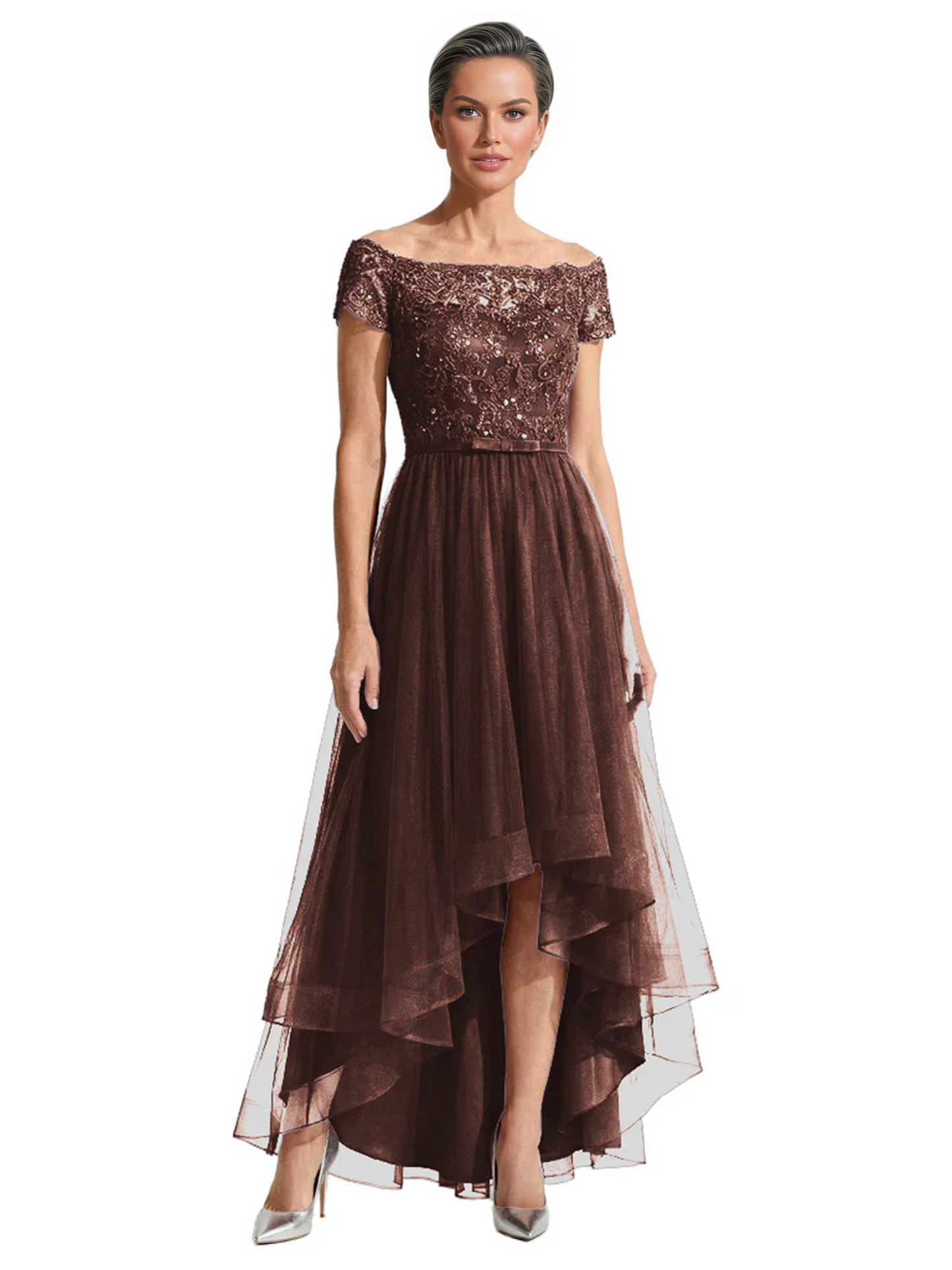 Formal High-Low Mother of the Bride Gown Short Sleeve Lace Maxi Dress with Tiered Skirt