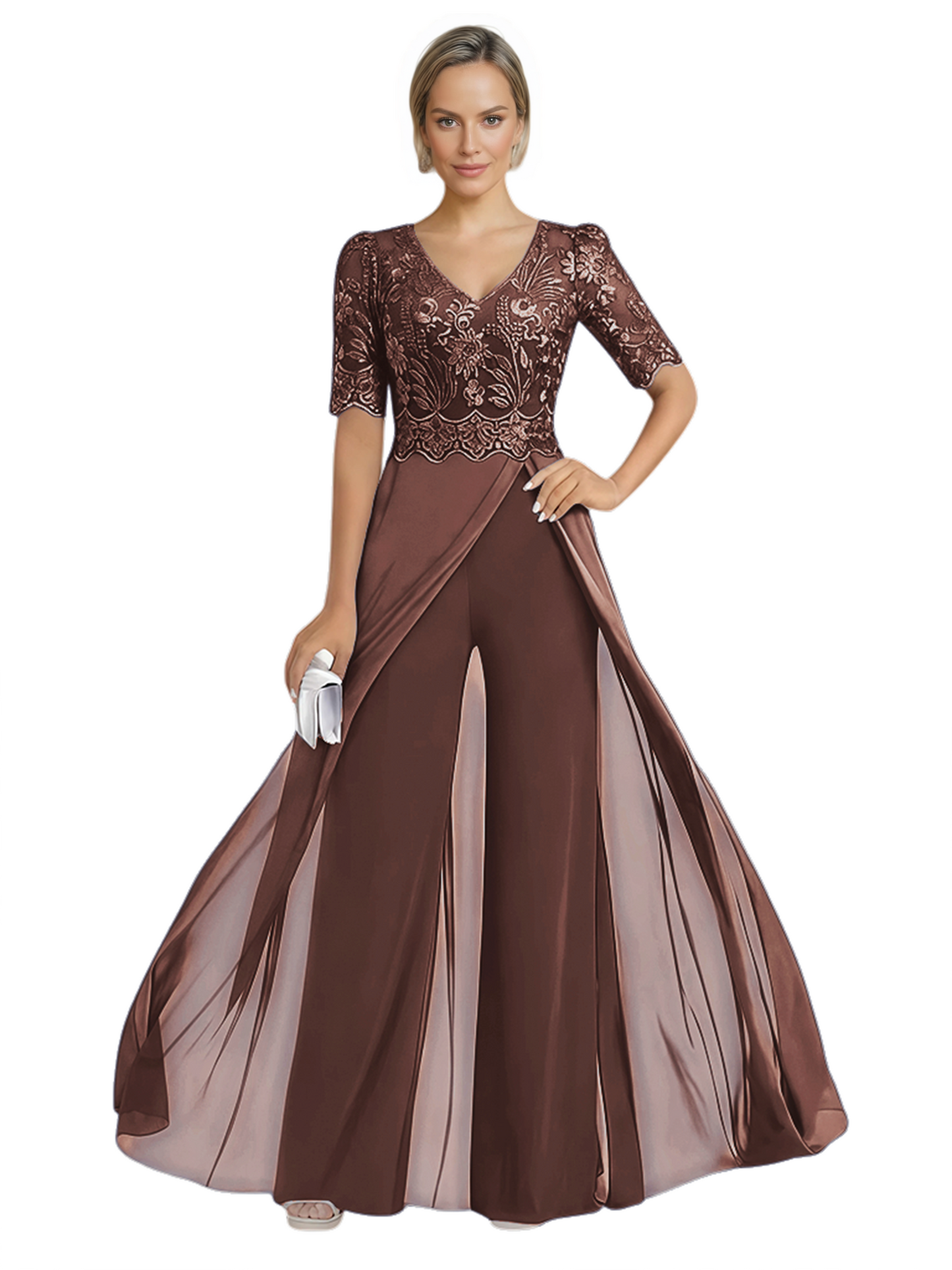 V-Neck Chiffon Mother of the Brides Jumpsuits Dresses Floor Length A-Line Lace