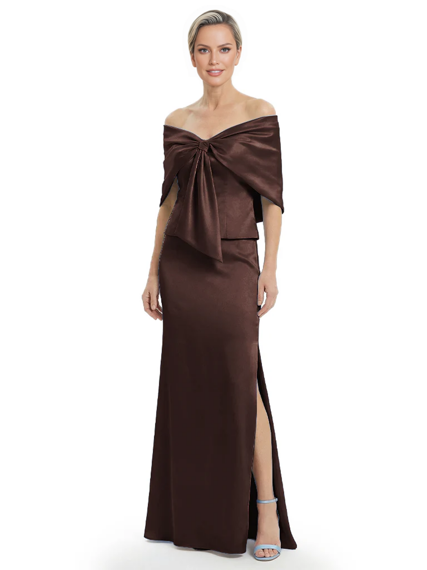 Formal Floor-Length Mother of the Bride Gown Satin Maxi Dress with Bow Neckline