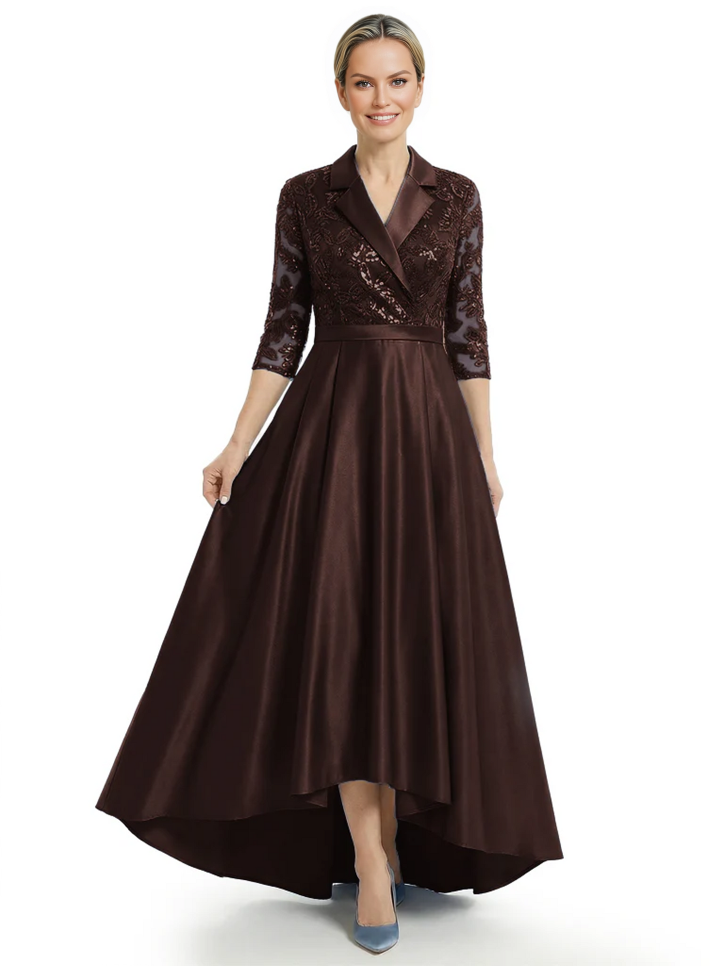Elegant Mother of Bride Dress Evening Gowns Trending Styles with Lapel Collar 3/4 Sleeves