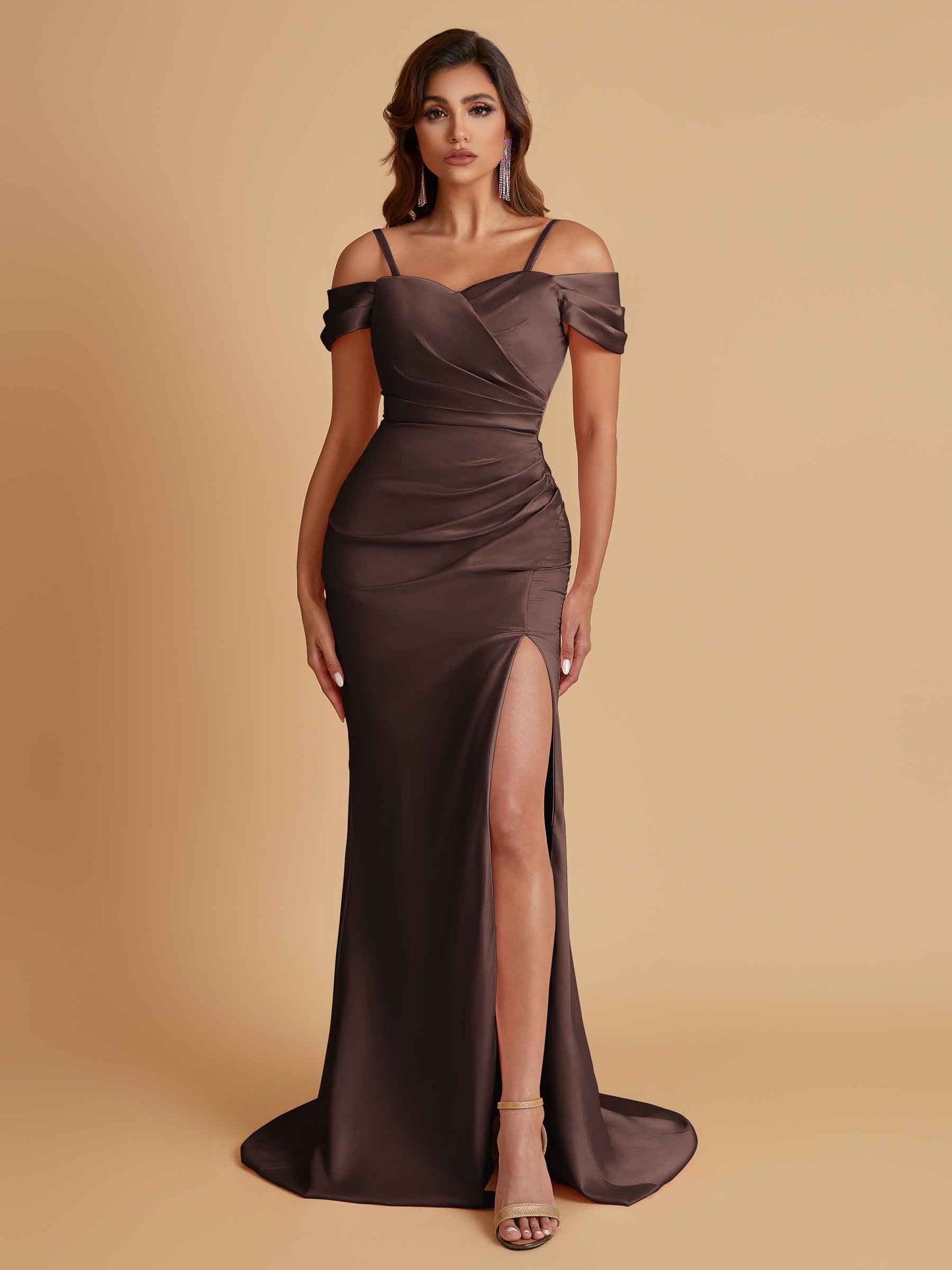 Sexy Soft Satin Mermaid Cold Shoulder Side Slit Floor-Length Bridesmaid Dresses Online
