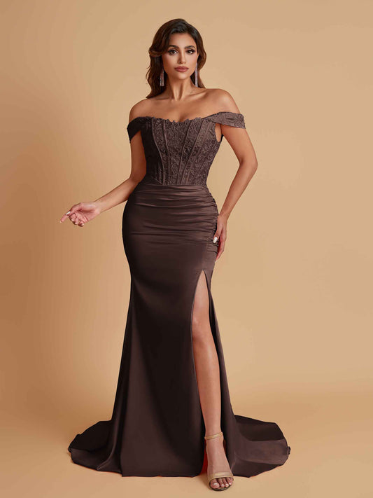 Elegant Soft Satin Mermaid Off Shoulder Side Slit Floor-Length Mermaid Bridesmaid Dresses