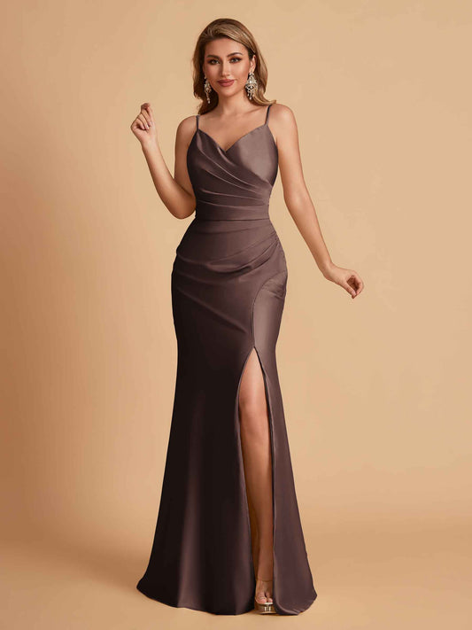 Elegant Satin Spaghetti Straps Mermaid Side Slit Floor Length Bridesmaid Dresses