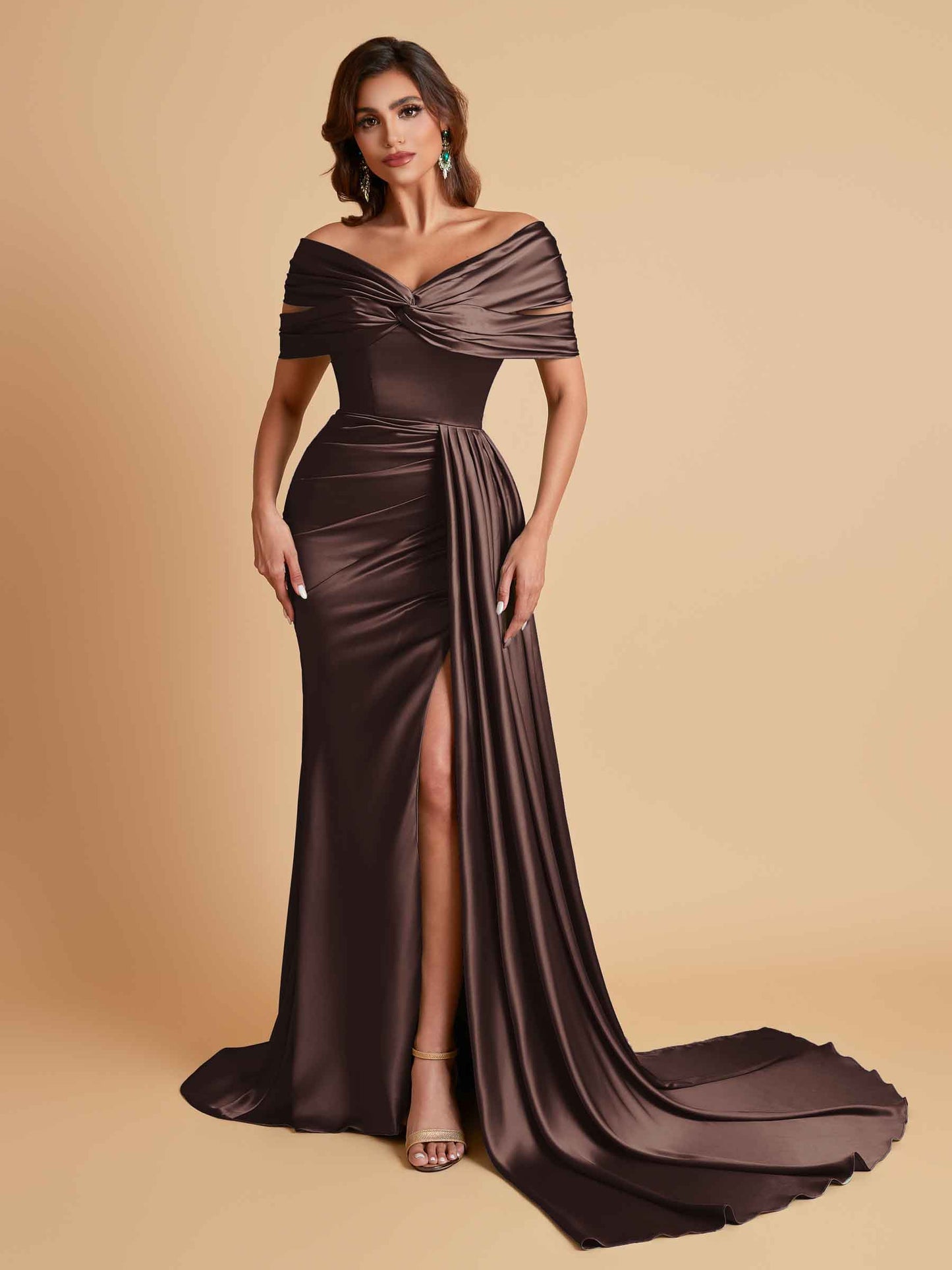 Elegant Soft Satin V-neck Off-the-Shoulder Side-Slit Mermaid Bridesmaid Dresses