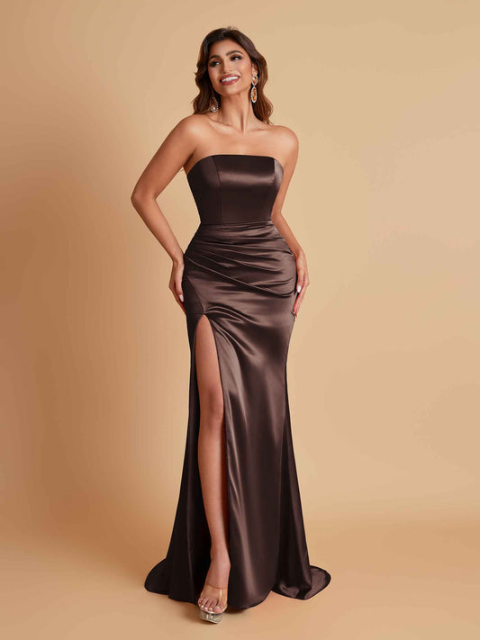 Elegant Soft Satin Strapless Split Side Mermaid Bridesmaid Dresses