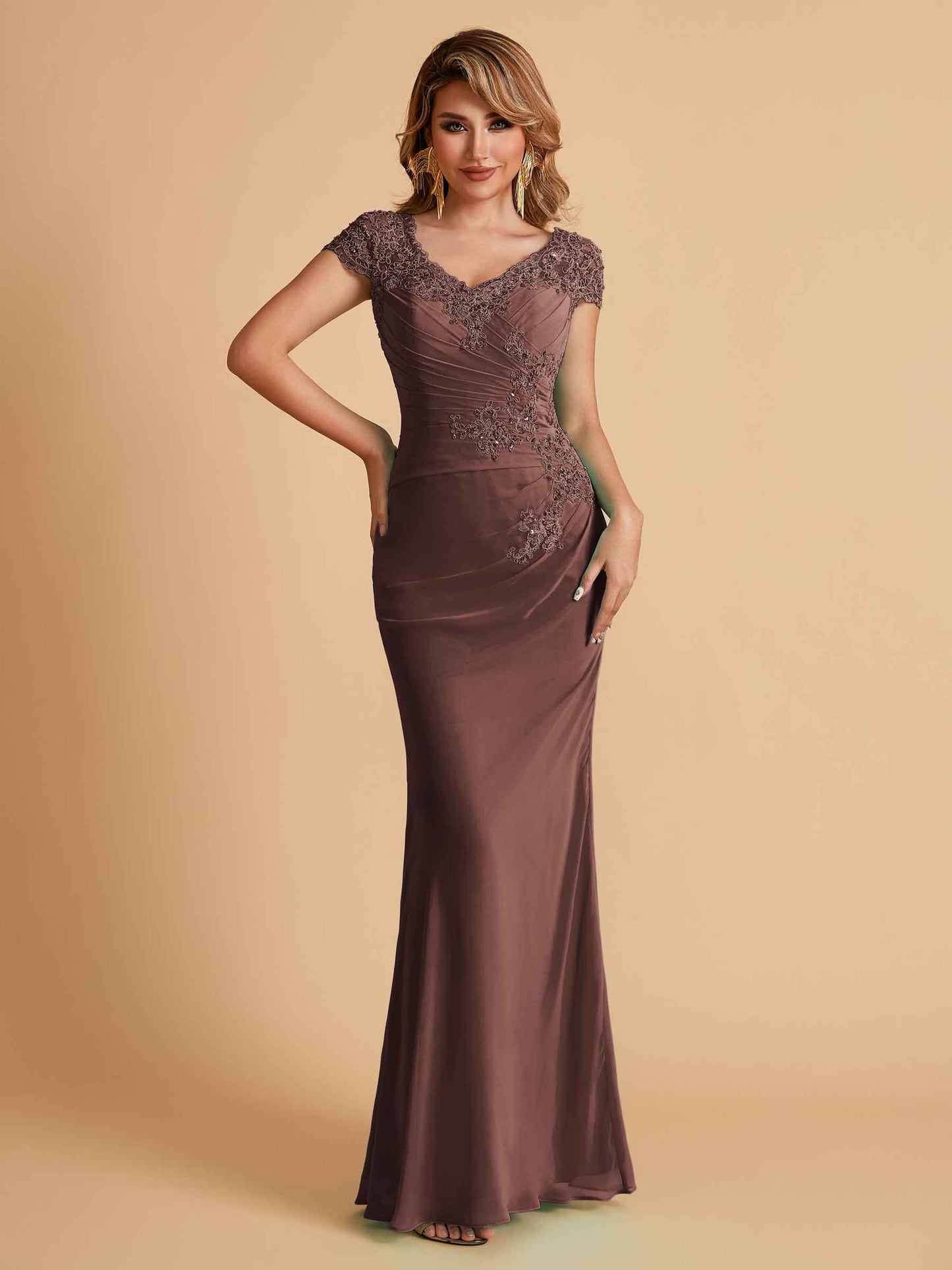 Elegant Mermaid Chiffon Cap Sleeves V-Neck Mother of the Brides Dresses Online