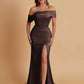 Elegant Soft Satin Mermaid Off Shoulder Asymmetrical Side Slit Floor-Length Bridesmaid Dresses