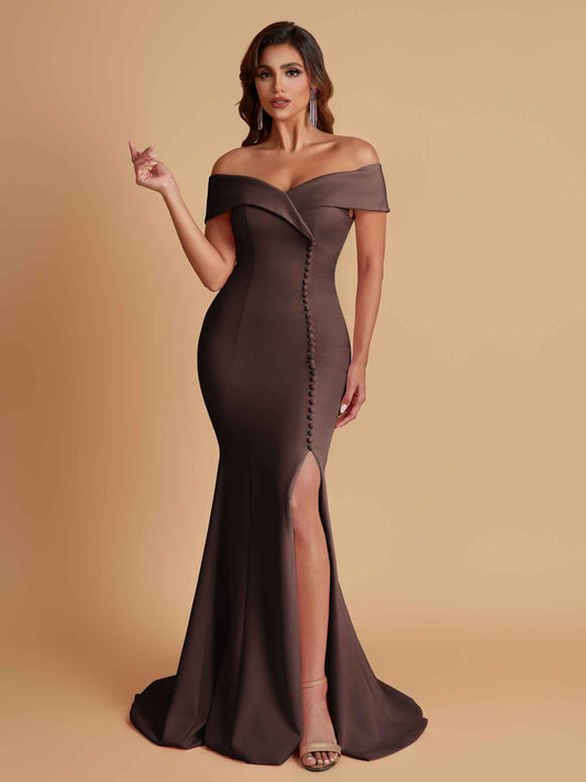 Elegant Soft Satin Mermaid Off Shoulder Side Slit Floor-Length Bridesmaid Dresses