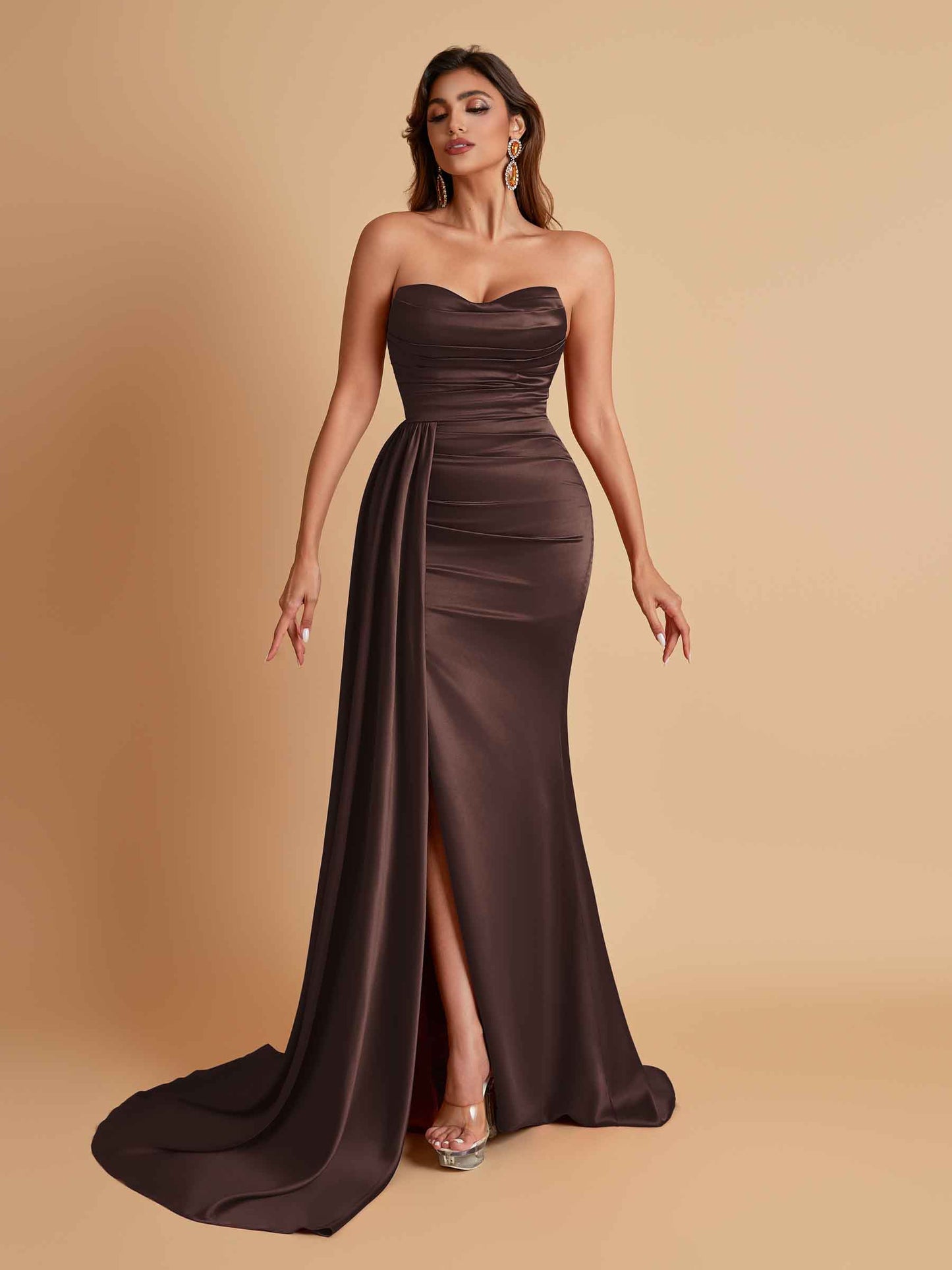 Elegant Soft Satin Sweetheart Strapless Side-Slit Mermaid Bridesmaid Dresses