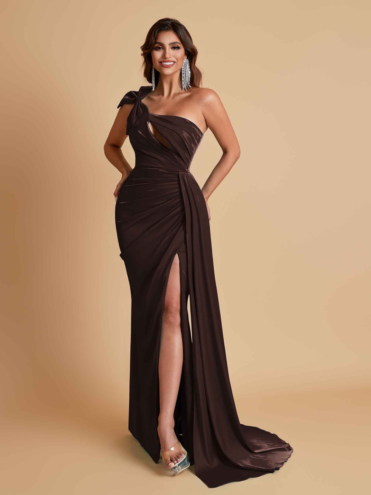 Gorgeous One Shoulder Bow Knot Soft Satin Side Slit Floor-Length Mermaid Bridesmaid Dresses