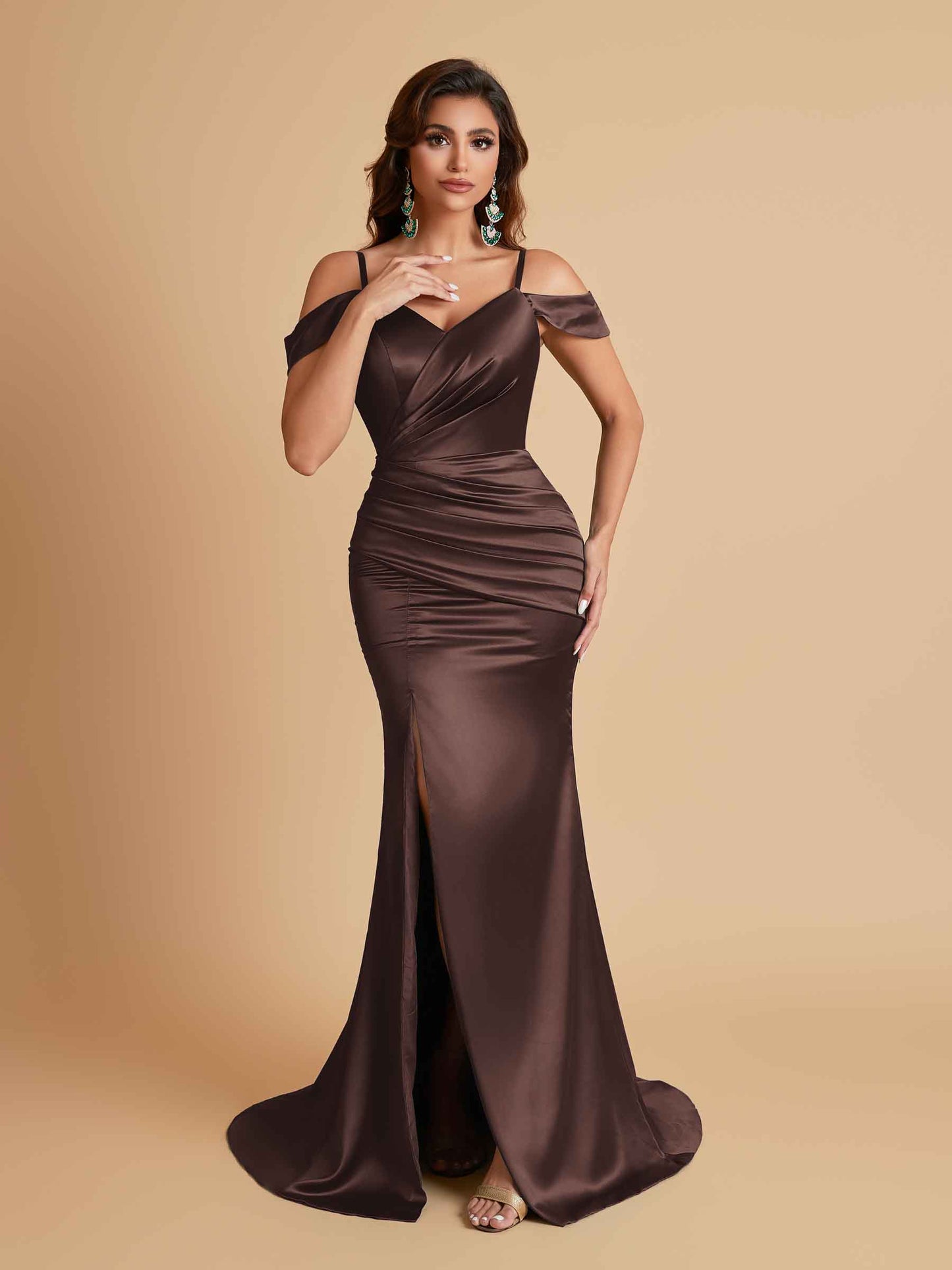 Sexy Soft Satin Mermaid Off Shoulder Side Slit Floor-Length Mermaid Bridesmaid Dresses