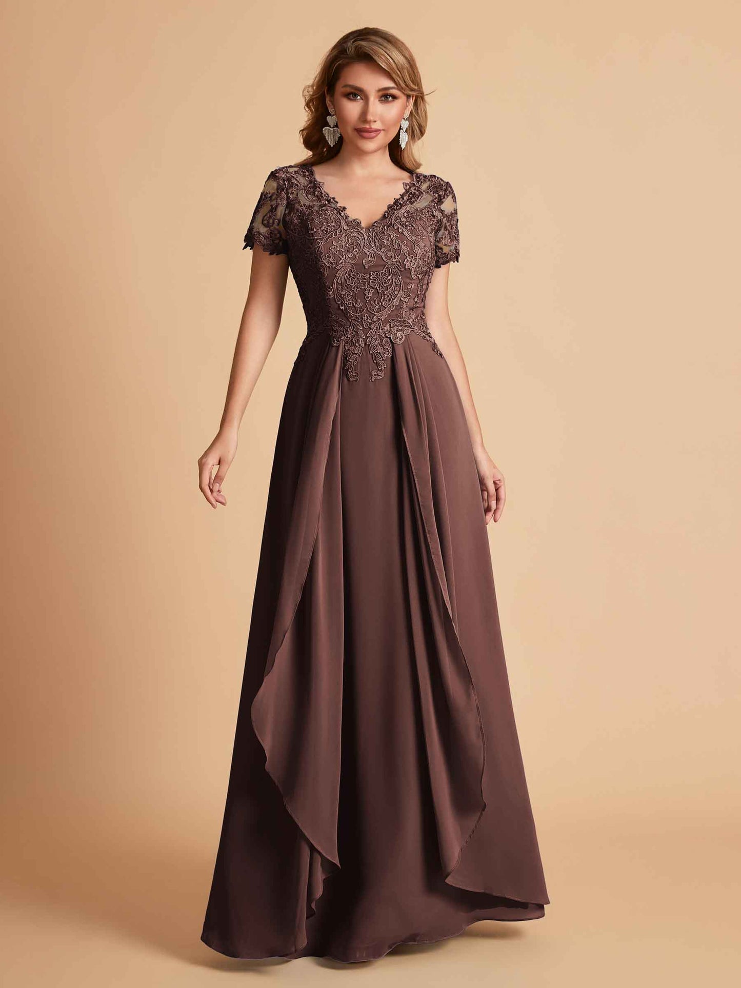 Elegant A-Line Chiffon Short Sleeves V-neck Mother of the Brides Dresses Lace Top MOB Dresses