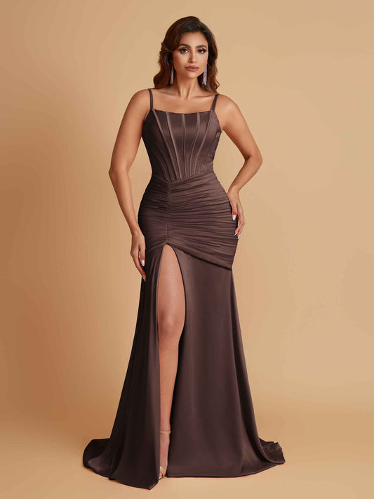 Sexy Soft Satin Mermaid Spaghetti Straps Side Slit Floor-Length Bridesmaid Dresses
