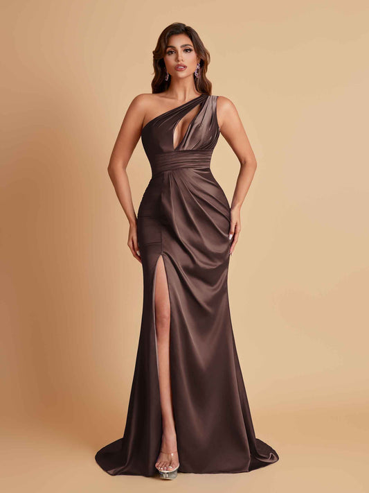 Sexy One Shoulder Soft Satin Side Slit Floor-Length Mermaid Bridesmaid Dresses