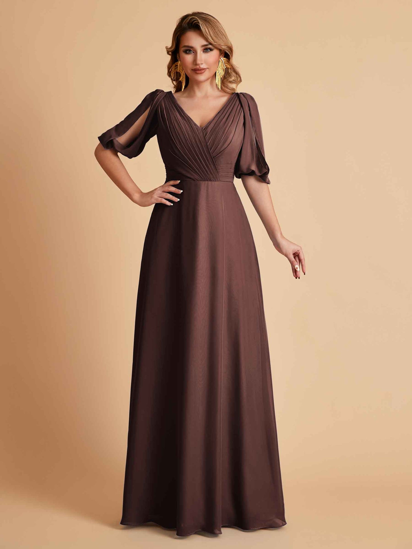 Elegant A-Line Chiffon Half Sleeves V-Neck Mother of the Brides Dresses Online