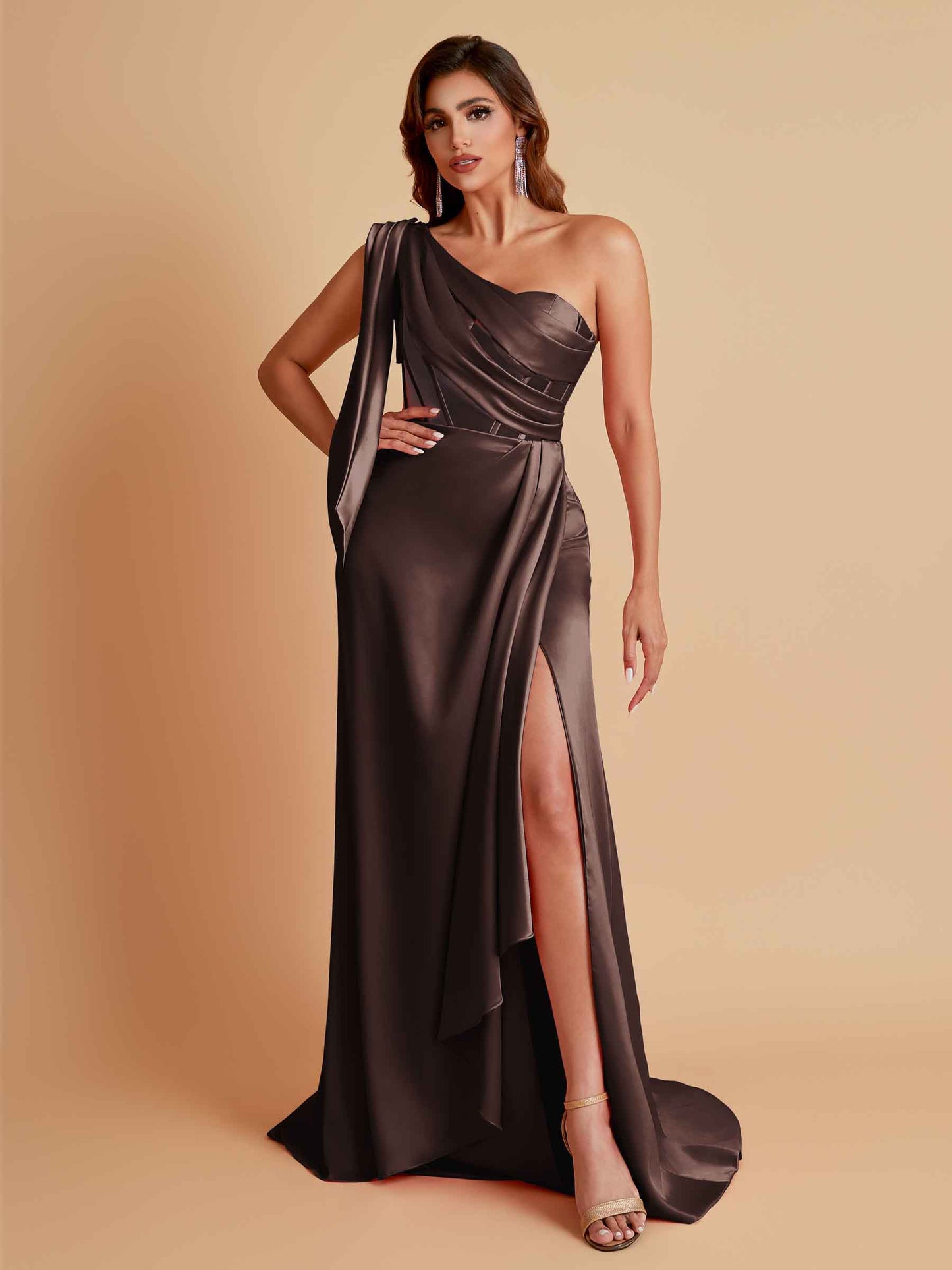 Sexy Soft Satin Mermaid One Shoulder Asymmetrical Side Slit Floor-Length Bridesmaid Dresses