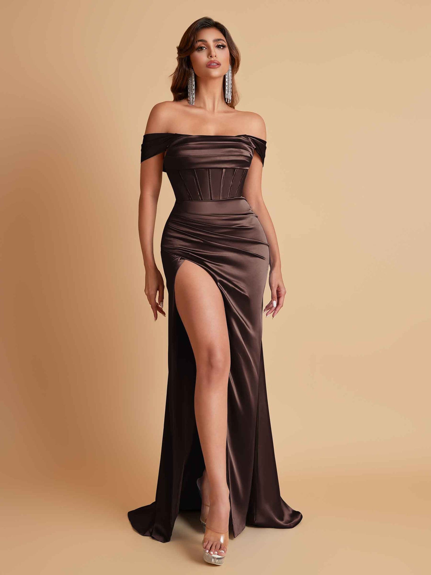 Sexy Off the Shoulder Soft Satin Side Slit Floor-Length Mermaid Bridesmaid Dresses