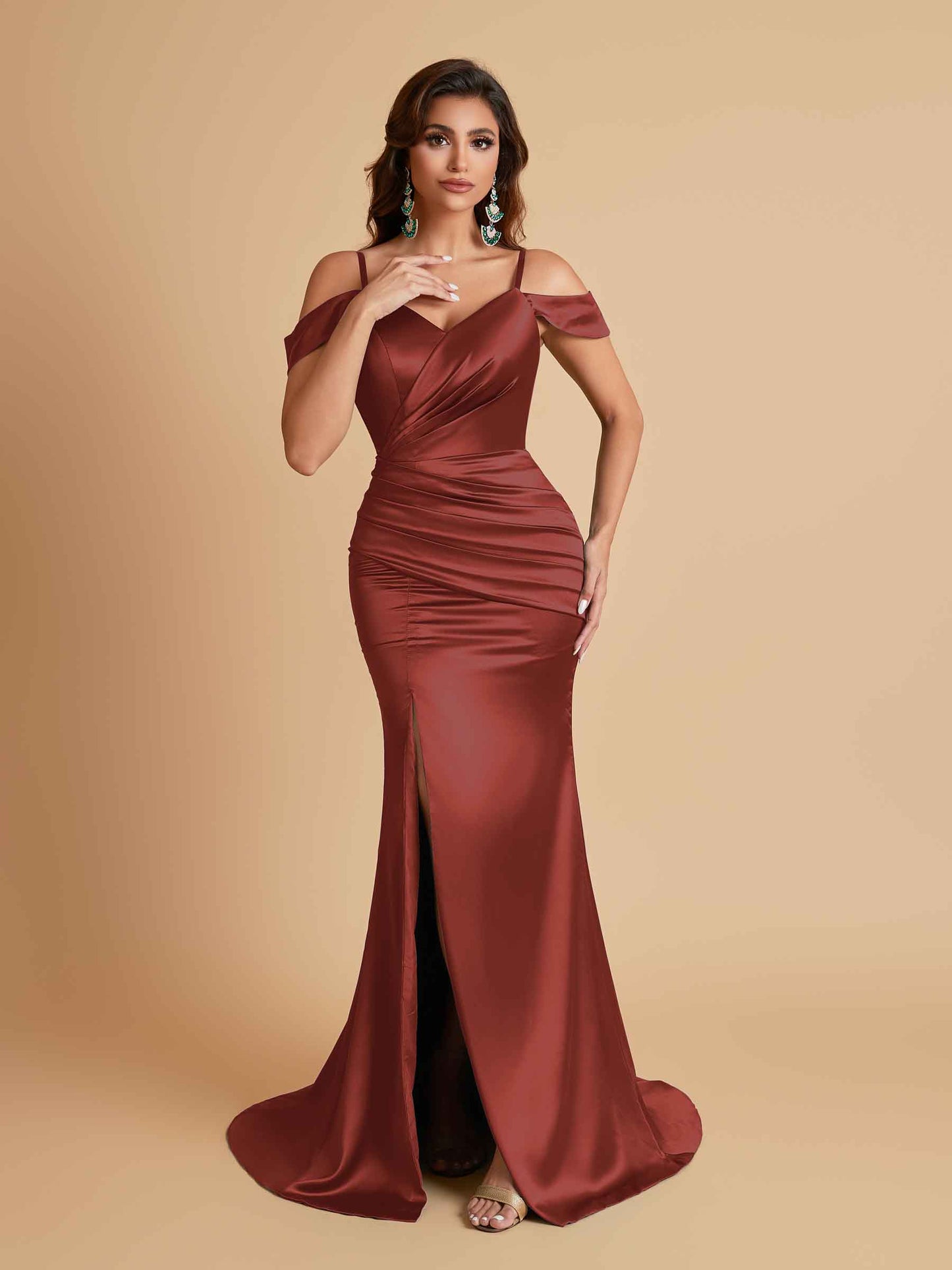 Sexy Soft Satin Mermaid Off Shoulder Side Slit Floor-Length Mermaid Bridesmaid Dresses