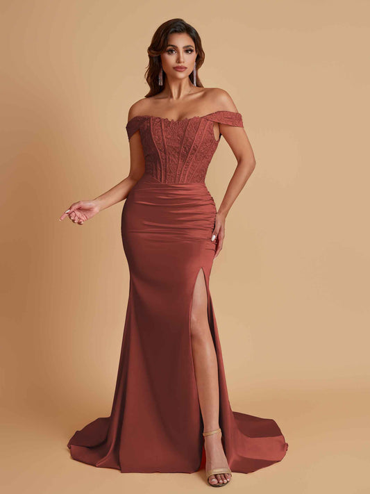 Elegant Soft Satin Mermaid Off Shoulder Side Slit Floor-Length Mermaid Bridesmaid Dresses