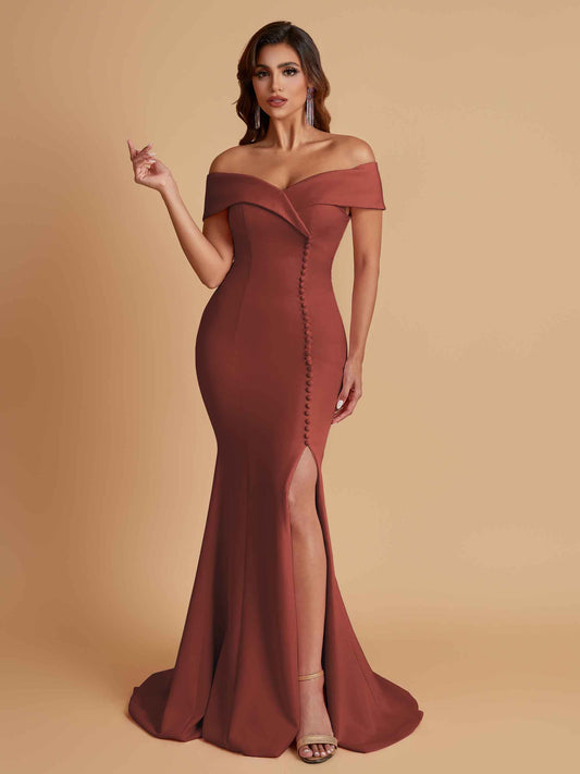 Elegant Soft Satin Mermaid Off Shoulder Side Slit Floor-Length Bridesmaid Dresses