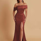 Elegant Soft Satin Mermaid Off Shoulder Asymmetrical Side Slit Floor-Length Bridesmaid Dresses