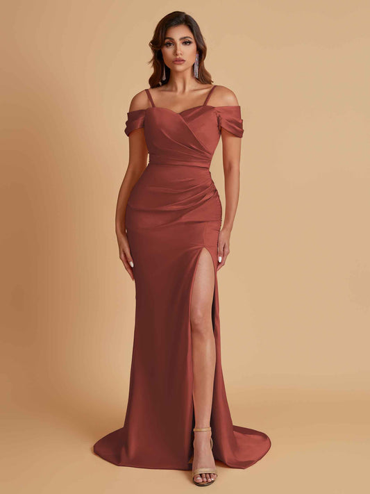 Sexy Soft Satin Mermaid Cold Shoulder Side Slit Floor-Length Bridesmaid Dresses Online