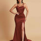 Sexy Spaghetti Straps V Neck Soft Satin Side Slit Floor-Length Mermaid Bridesmaid Dresses