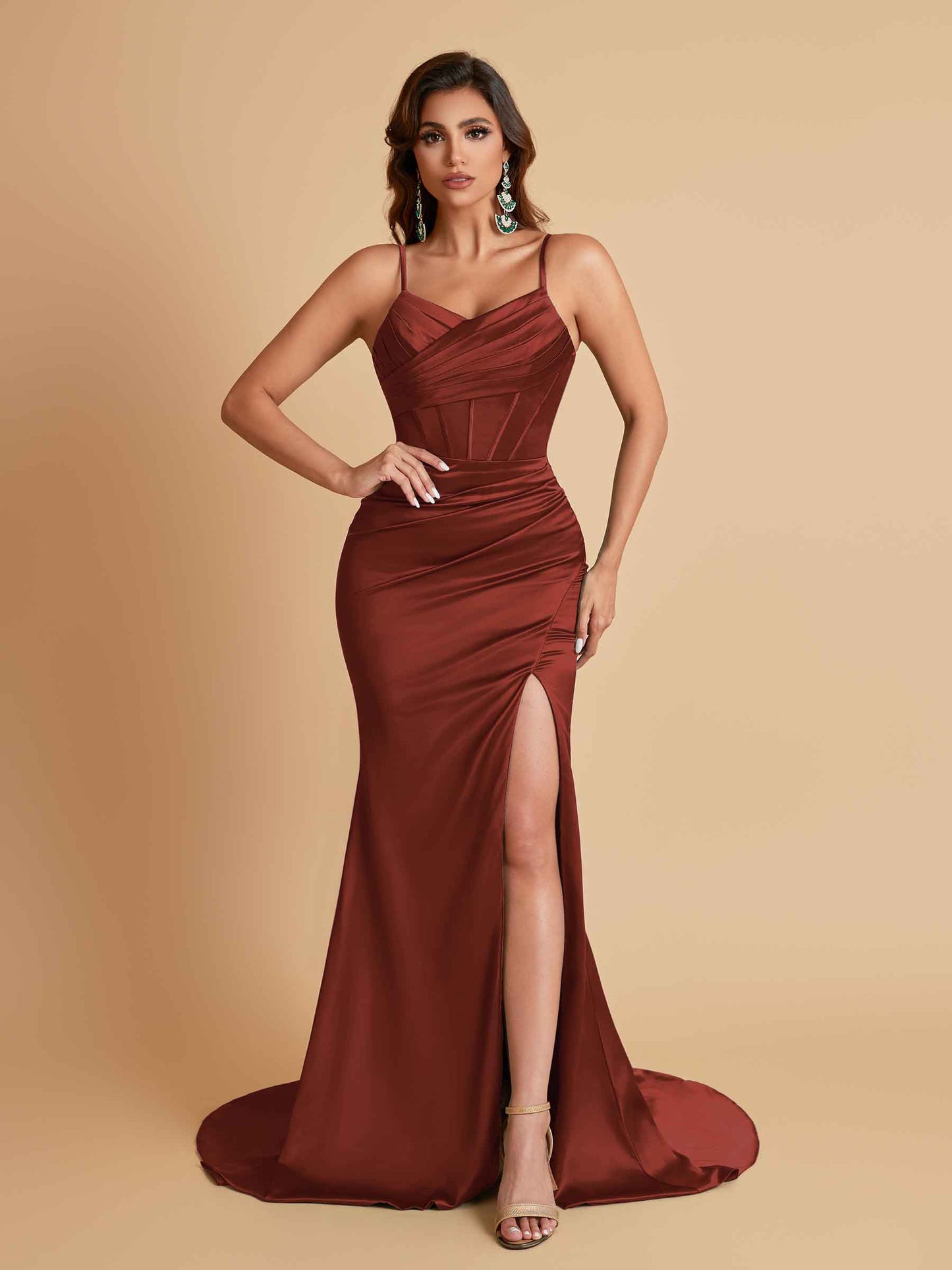 Sexy Spaghetti Straps V Neck Soft Satin Side Slit Floor-Length Mermaid Bridesmaid Dresses