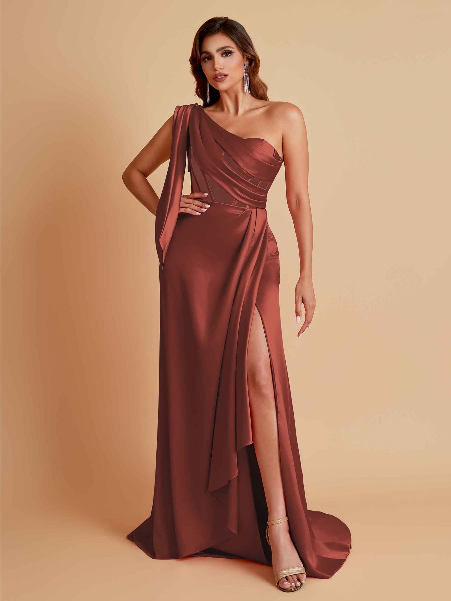 Sexy Soft Satin Mermaid One Shoulder Asymmetrical Side Slit Floor-Length Bridesmaid Dresses