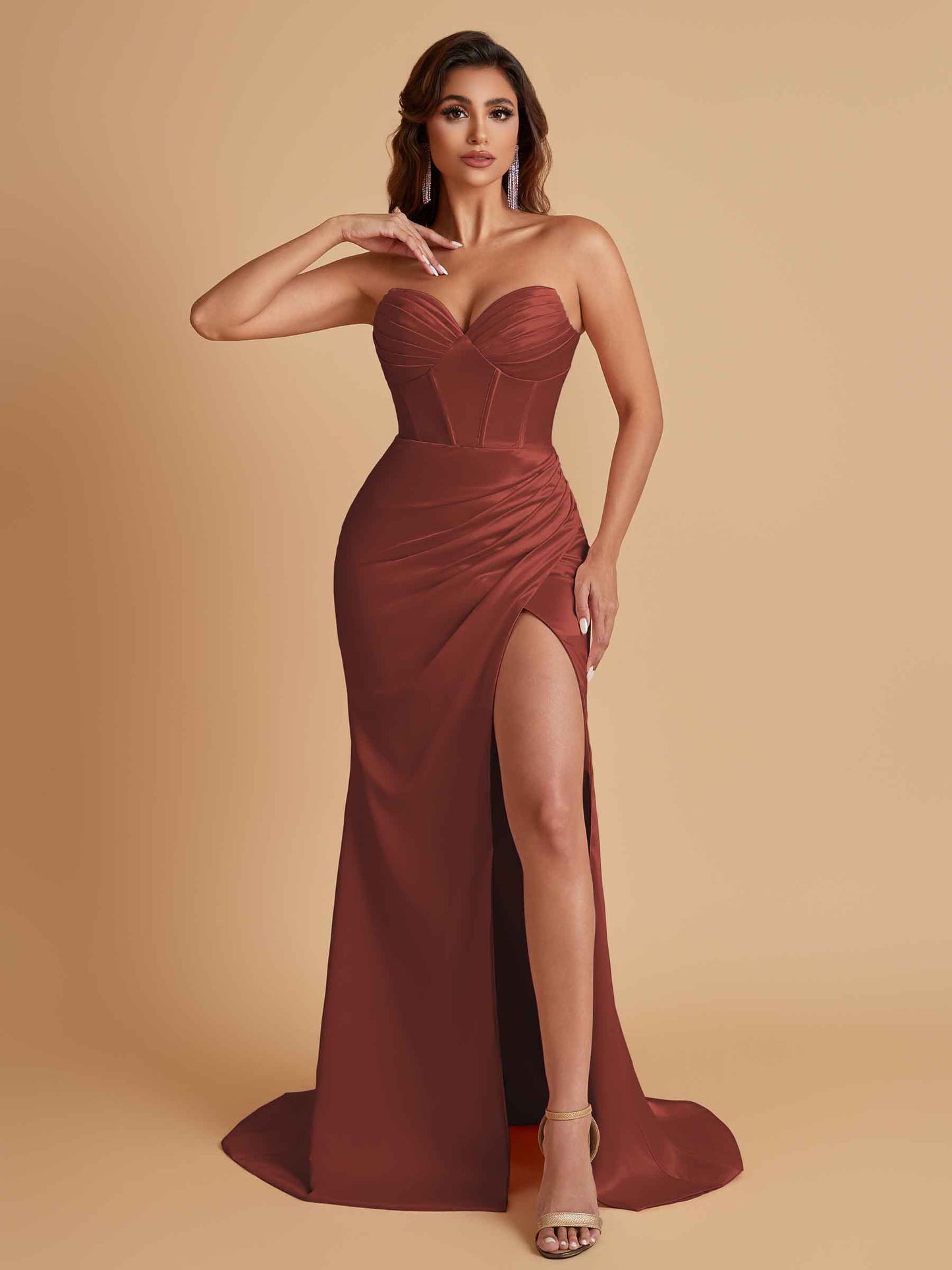 Elegant Soft Satin Mermaid V-neck Side Slit Floor-Length Bridesmaid Dresses Online