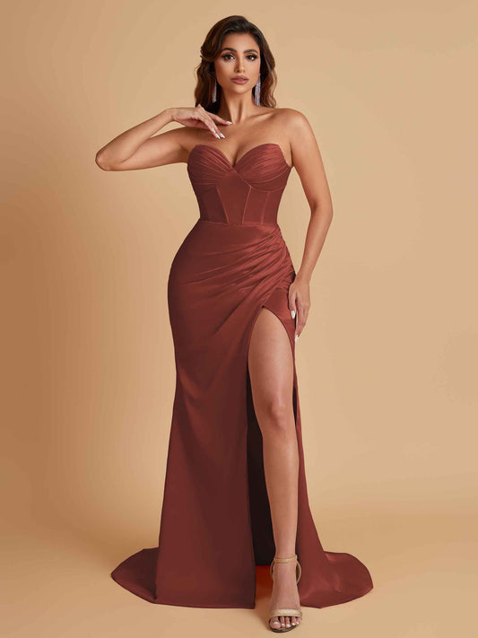 Elegant Soft Satin Mermaid V-neck Side Slit Floor-Length Bridesmaid Dresses Online
