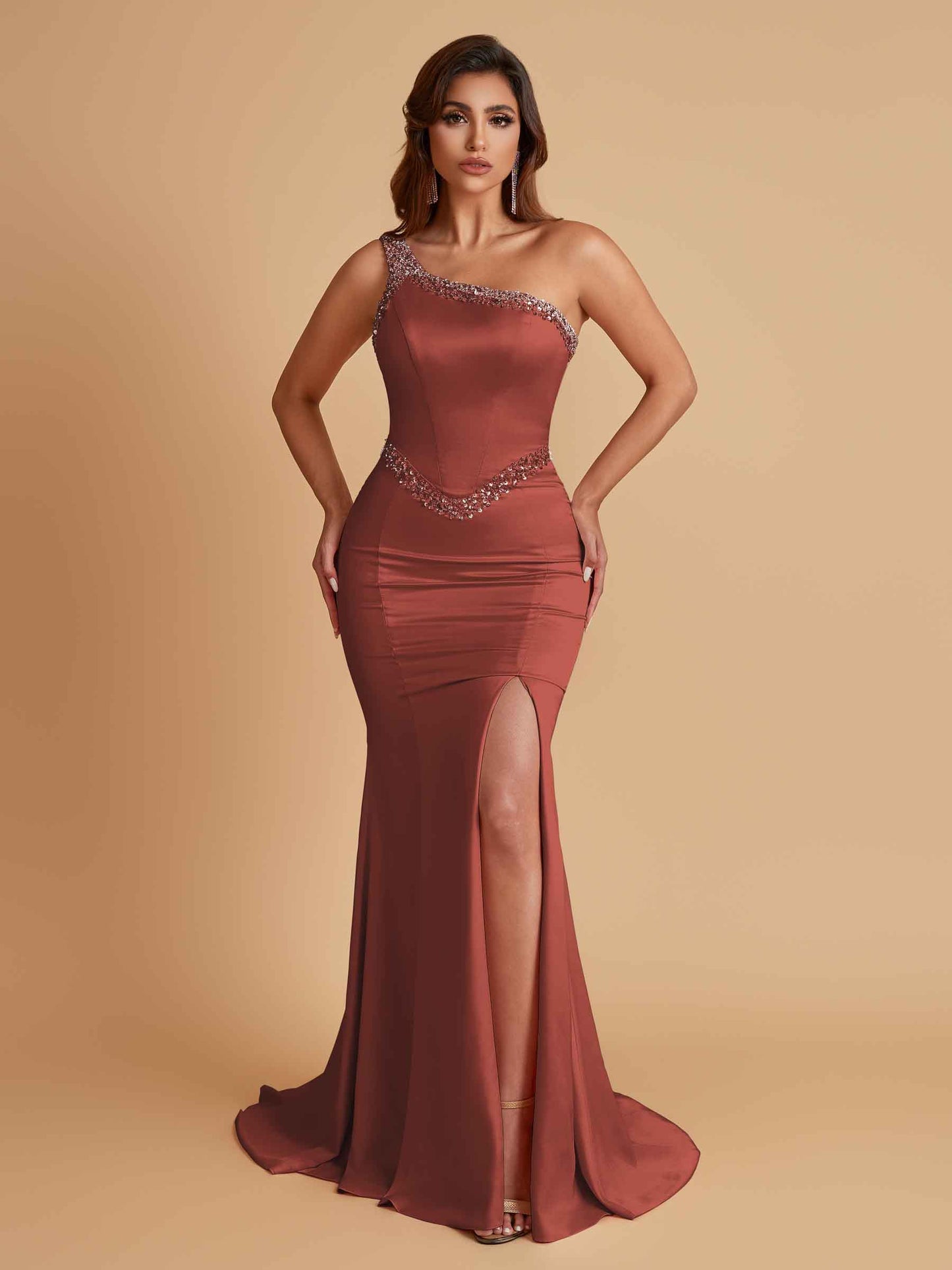 Sexy Soft Satin Mermaid One Shoulder Side Slit Beading Floor-Length Bridesmaid Dresses Online