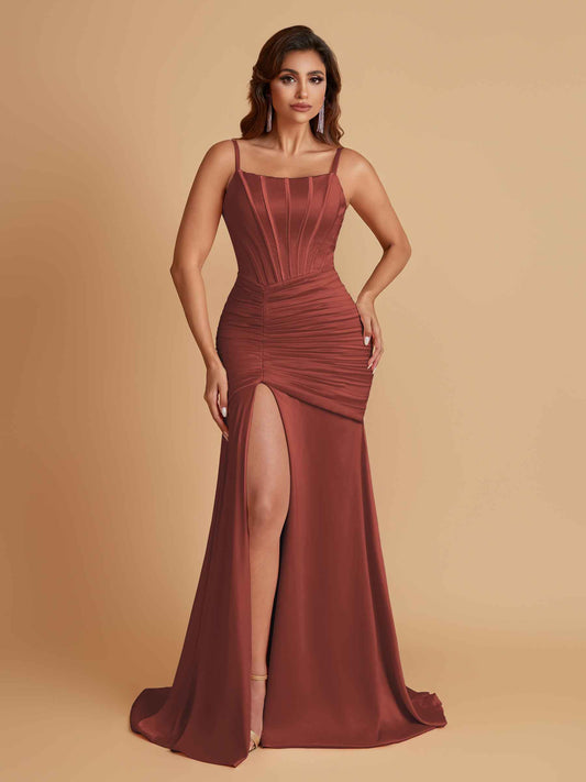 Sexy Soft Satin Mermaid Spaghetti Straps Side Slit Floor-Length Bridesmaid Dresses