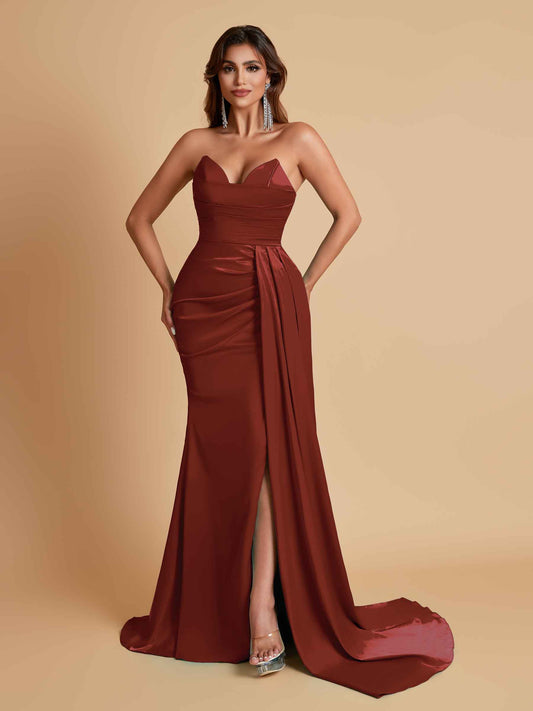 Gorgeous Strapless Soft Satin Side Slit Floor-Length Mermaid Bridesmaid Dresses