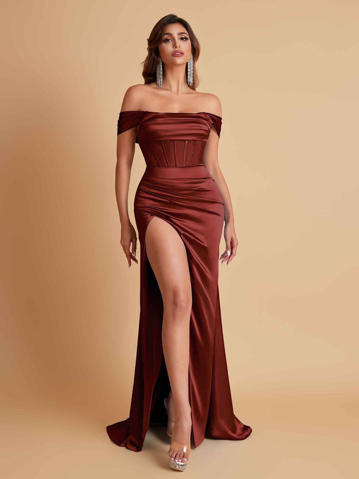 Sexy Off the Shoulder Soft Satin Side Slit Floor-Length Mermaid Bridesmaid Dresses