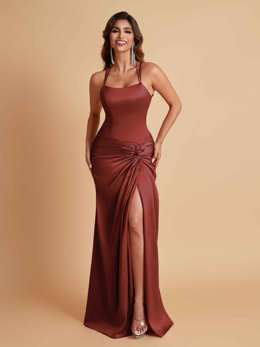 Gorgeous Square Criss Cross Soft Satin Side Slit Floor-Length Mermaid Bridesmaid Dresses