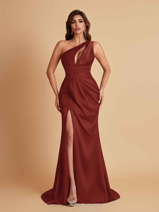 Sexy One Shoulder Soft Satin Side Slit Floor-Length Mermaid Bridesmaid Dresses