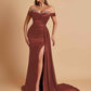 Gorgeous Soft Satin V-neck Off-the-Shoulder Side-Slit Mermaid Bridesmaid Dresses