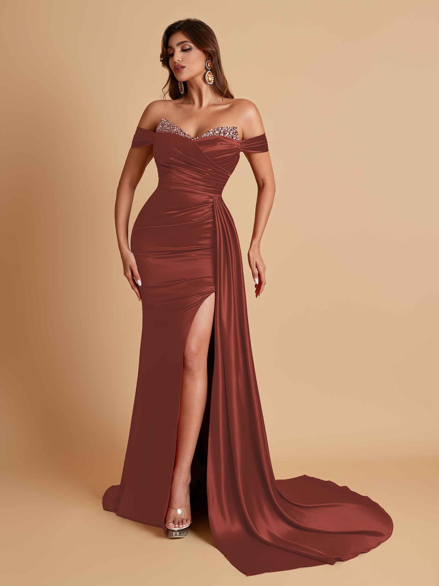 Gorgeous Soft Satin V-neck Off-the-Shoulder Side-Slit Mermaid Bridesmaid Dresses
