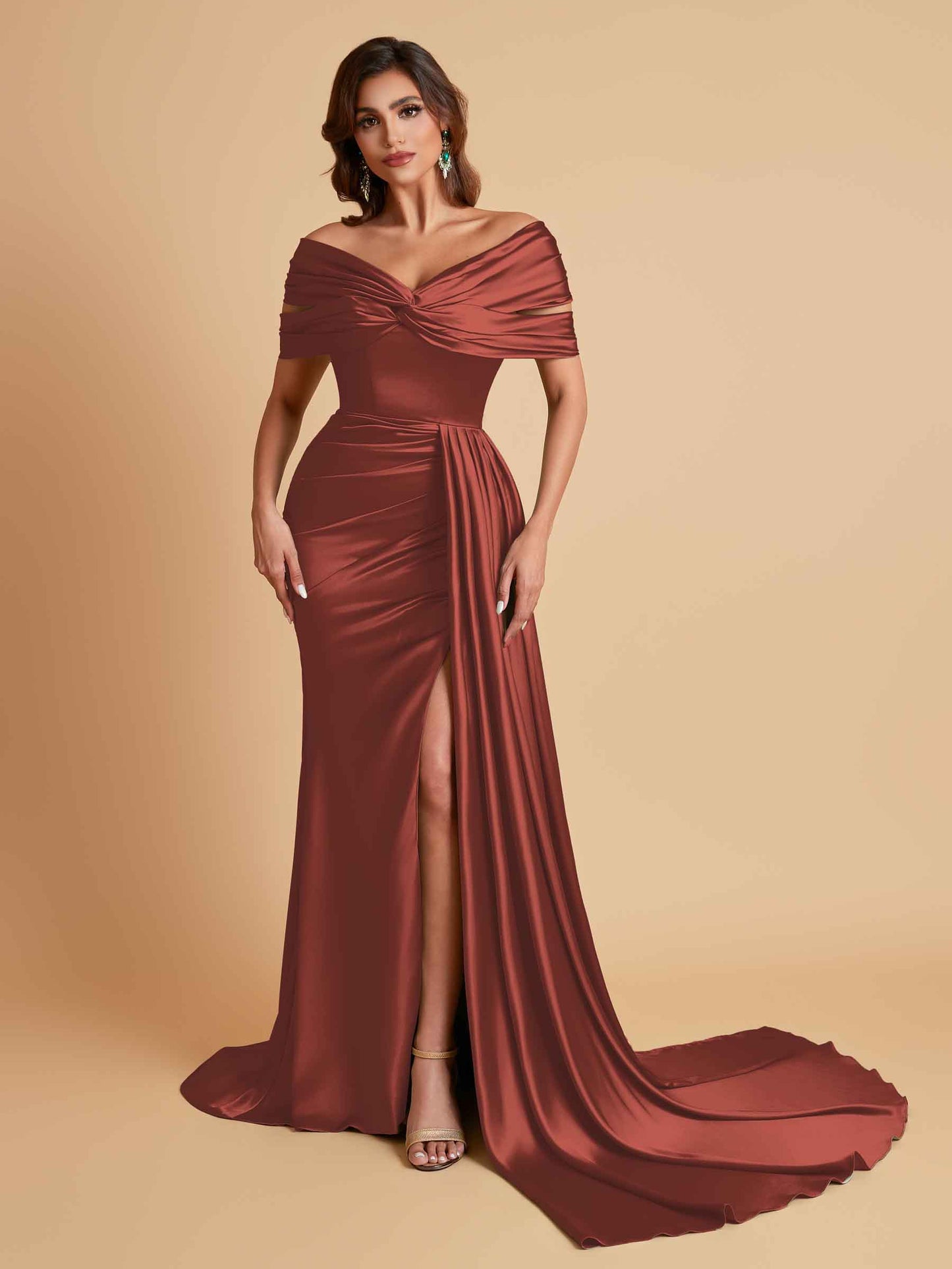 Elegant Soft Satin V-neck Off-the-Shoulder Side-Slit Mermaid Bridesmaid Dresses